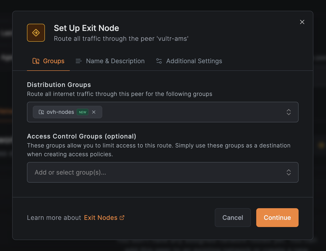 Exit node configuration modal with ovh-nodes group selected