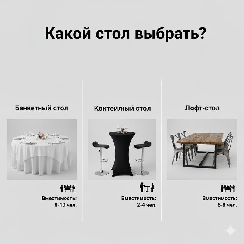 Инфографика: сравнение банкетных, коктейльных и лофт-столов в аренду по вместимости и типу мероприятия.