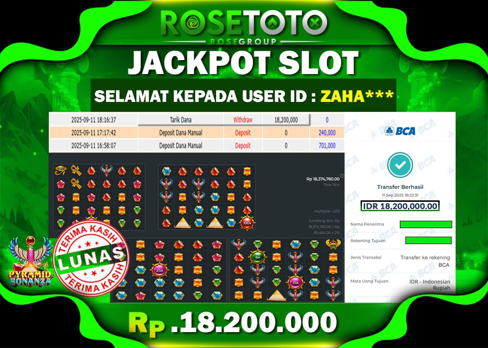ROSETOTO JACKPOT SLOT PYRAMID BONANZA Rp.18.200.000.,- LUNAS