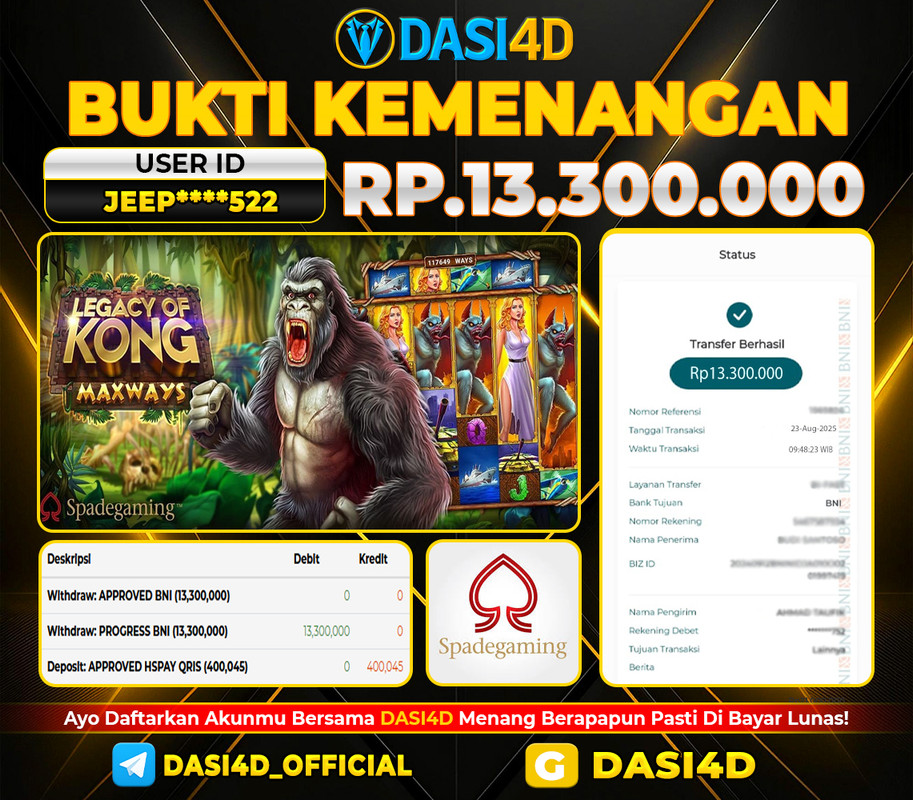 BUKTI KEMENANGAN 23 AGUSTUS 2025 DI  LEGACY OF KONG MAXWAYS  WD RP. 13.300.000