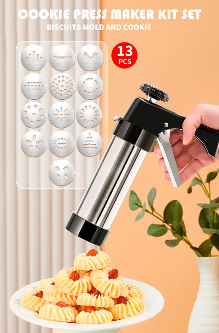Stainless Steel Cookie Press Maker Kit with 13 Disc Molds and 8 Icing Tips Black Manual Biscuit Machine Set