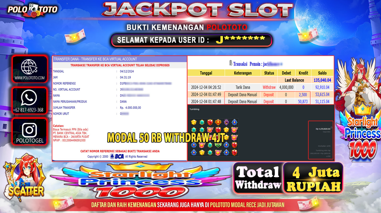 POLOTOTO JACKPOT SLOT STARLIGHT PRINCESS 1000 Rp.4,000.000,-