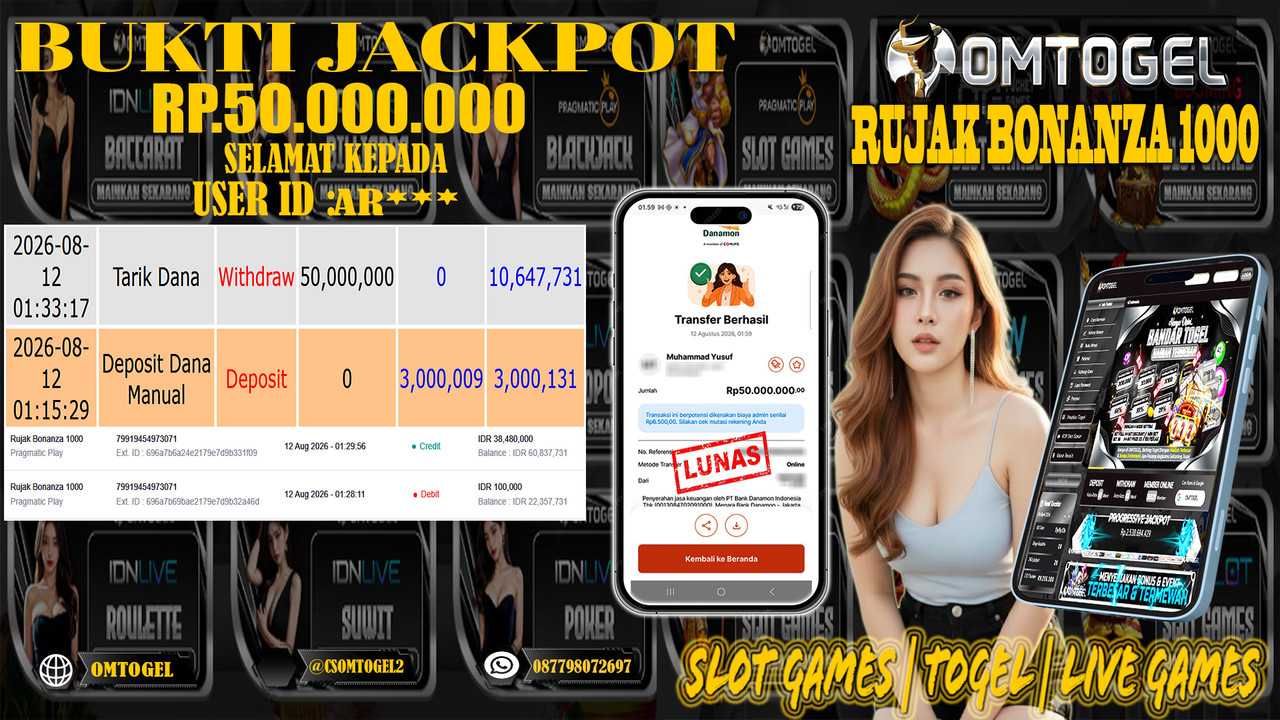 OMTOGEL JACKPOT PRAGMATIC PLAY RUJAK BONANZA 1000 Rp,50,000,000,- DIBAYAR LUNAS