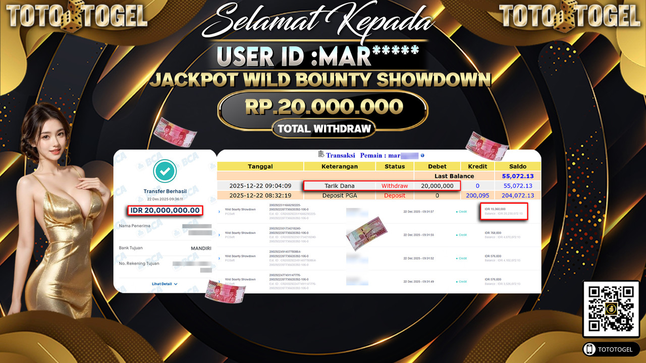 Bukti Pembayaran Jackpot Permainan Slot Wild Bounty Showdown ID:MAR**** LUNAS