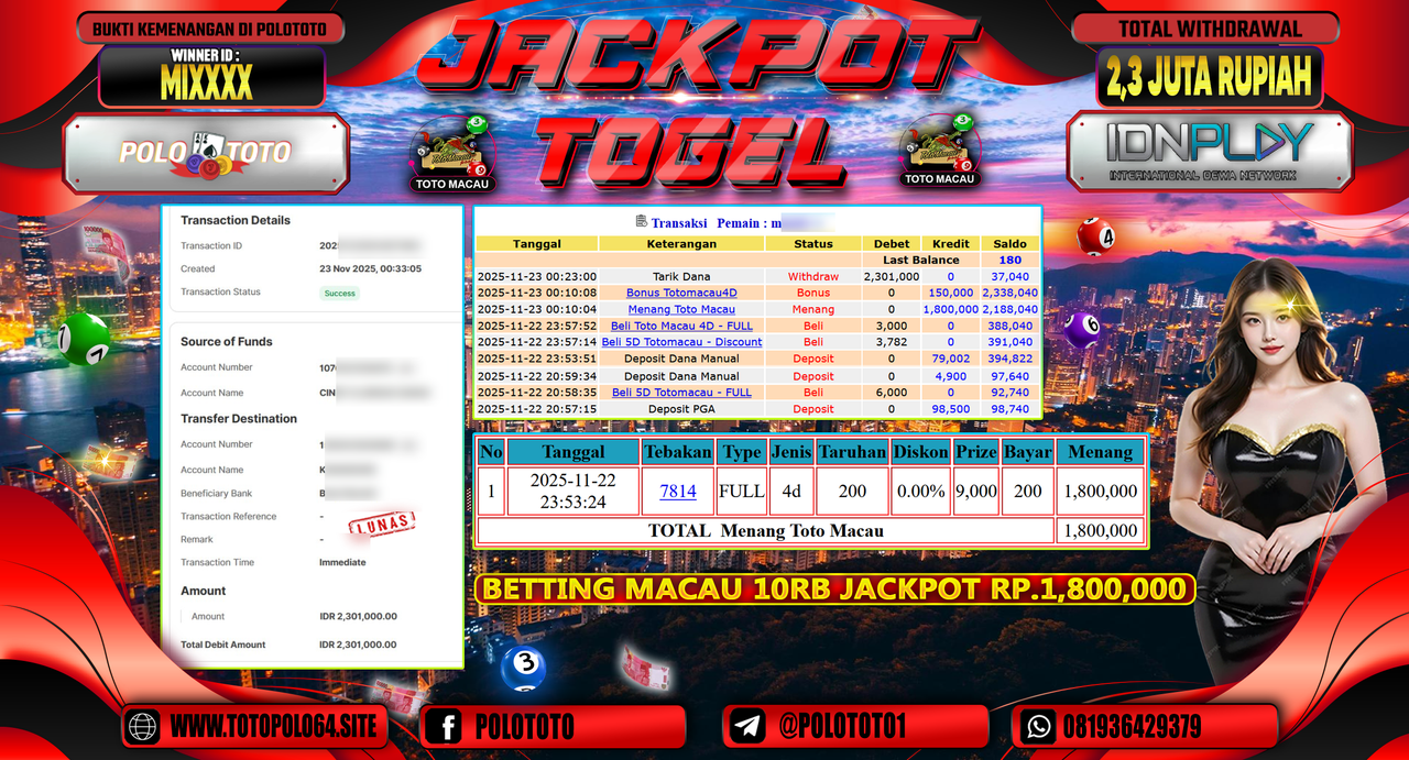 POLOTOTO JACKPOT TOGEL MENANG TOTO MACAU  Rp.2.300.000,- LUNAS