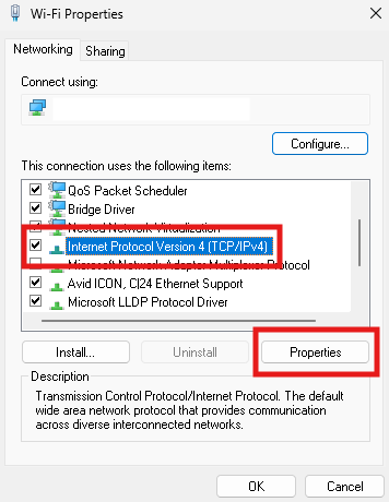 Windows Network Connection Properties window highlighting the 'Internet Protocol Version 4 (TCP/IPv4)' option.
