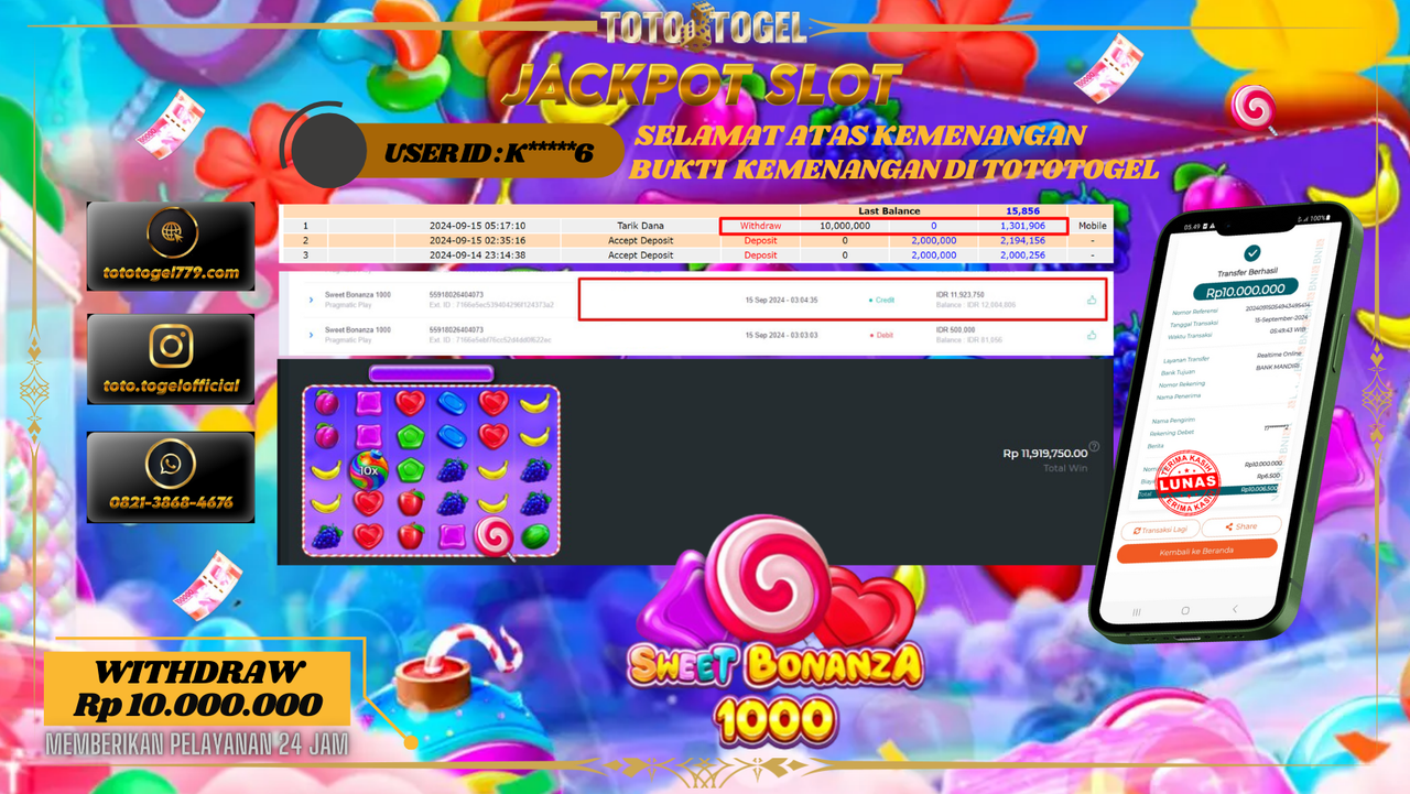 Bukti Kemenangan Permainan Slot Sweet Bonanza 1000 Dengan ID : k*****6 Terbayar Lunas!!
