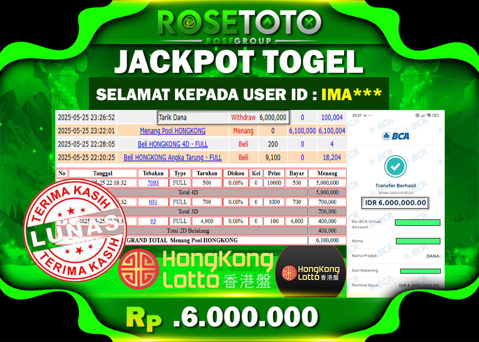 ROSETOTO JACKPOT TOGEL HONGKONG LOTTO Rp.6.000.000.,- LUNAS