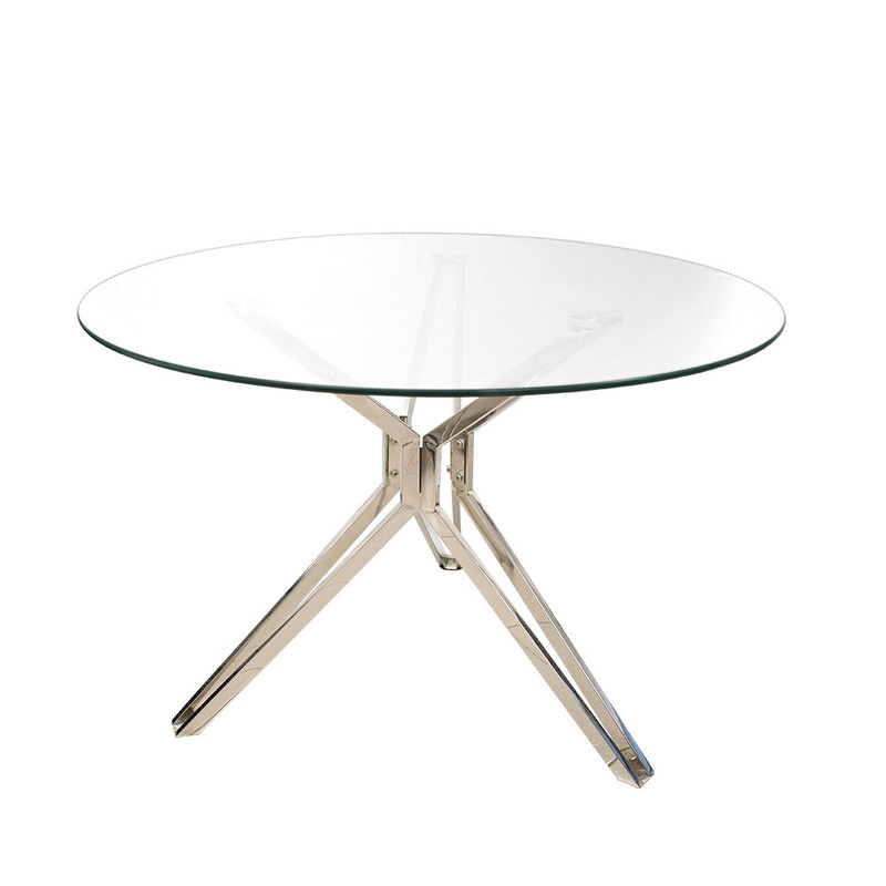 Mesa de reuniones redonda con tope de cristal templado y base de pedestal cromada.
