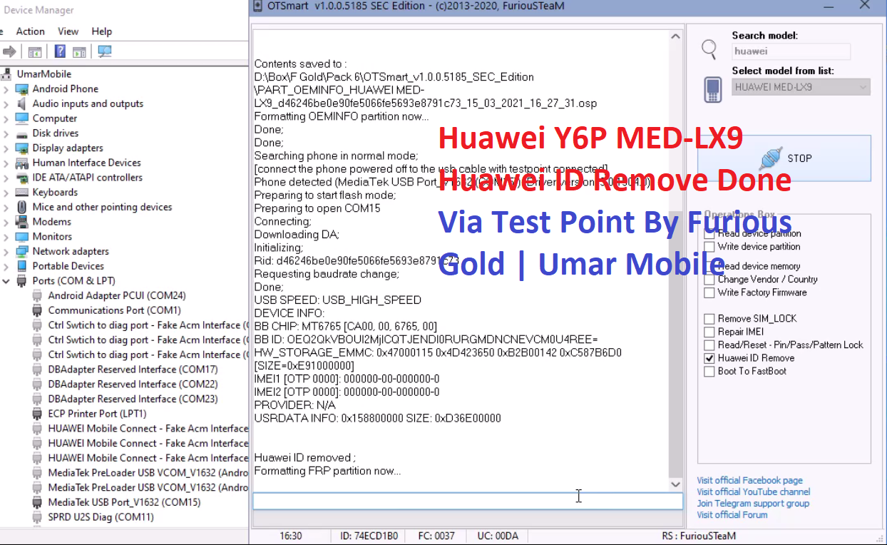 Huawei Y6P MEDLX9 Huawei ID Remove Done Via Test Point By Furious Gold
