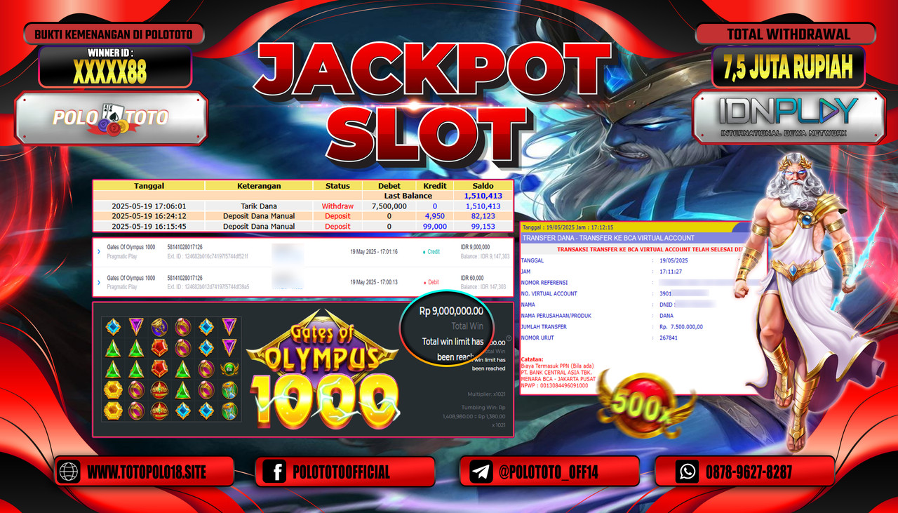 POLOTOTO JACKPOT SLOT GATES OF OLYMPUS 1000 Rp.7.500.000,-