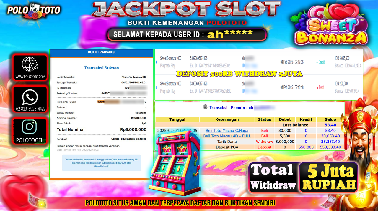 POLOTOTO JACKPOT SLOT SWEET BONANZA 1000 Rp.5,000.000,-