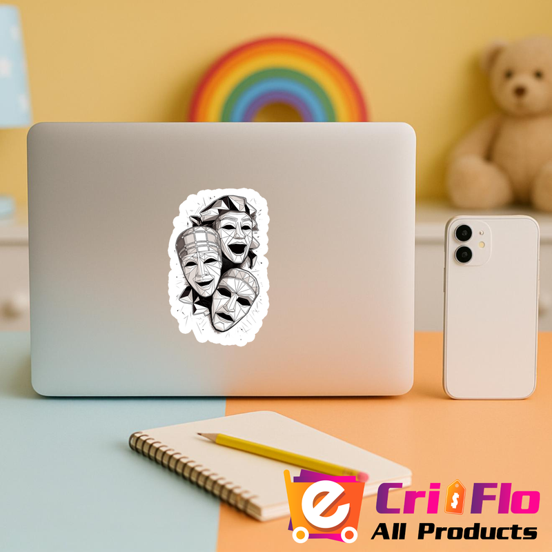Sticker Masti Teatru Alb Negru Abstract, Autoadeziv, Cri-Flo, Marime 6 cm