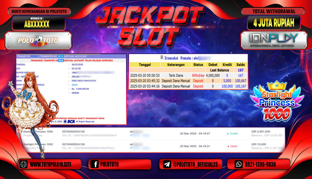 POLOTOTO JACKPOT SLOT STARLIGHT PRINCESS 1000 Rp.4.000.000,-