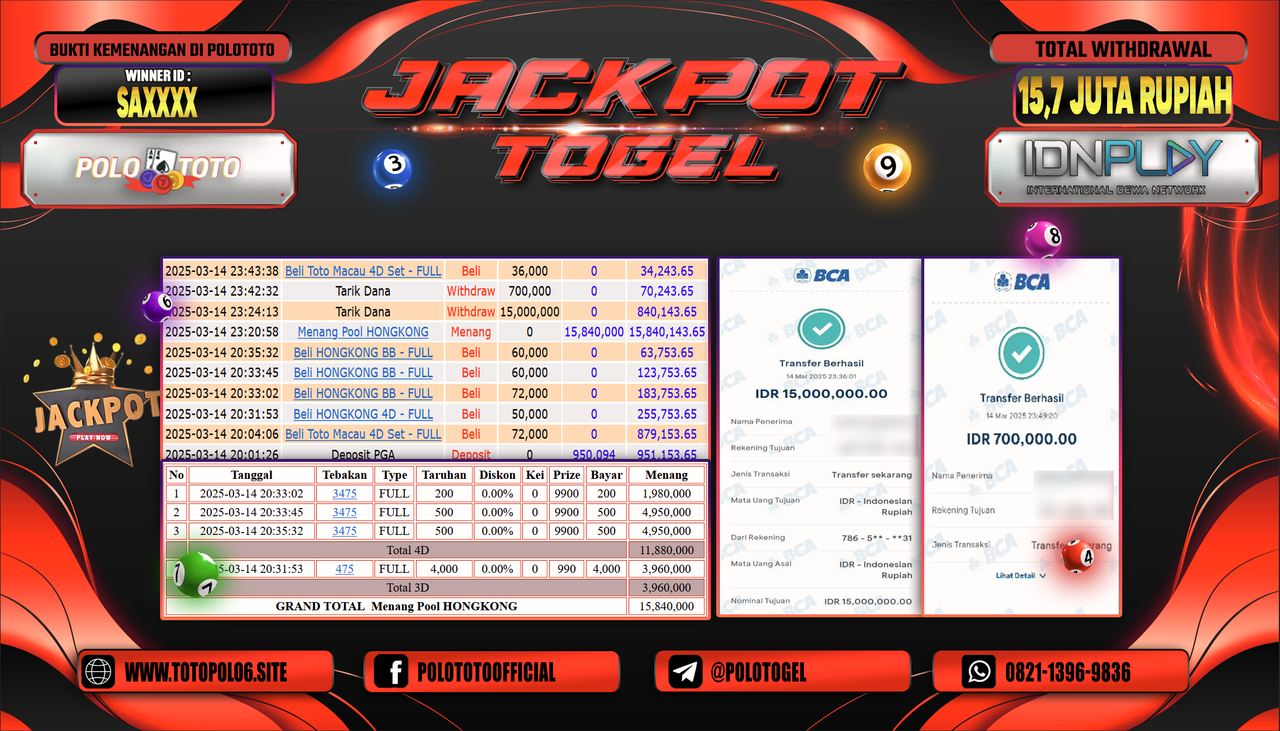 POLOTOTO JACKPOT TOGEL PASARAN HONGKONG Rp.15.700.000,-