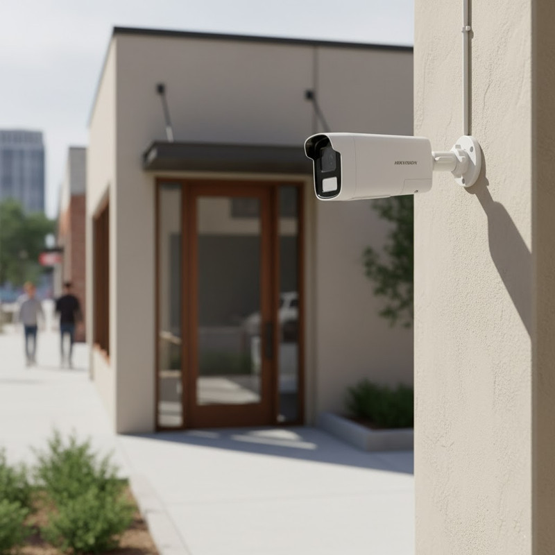 Câmera Hikvision com luz branca e estrobo ativos