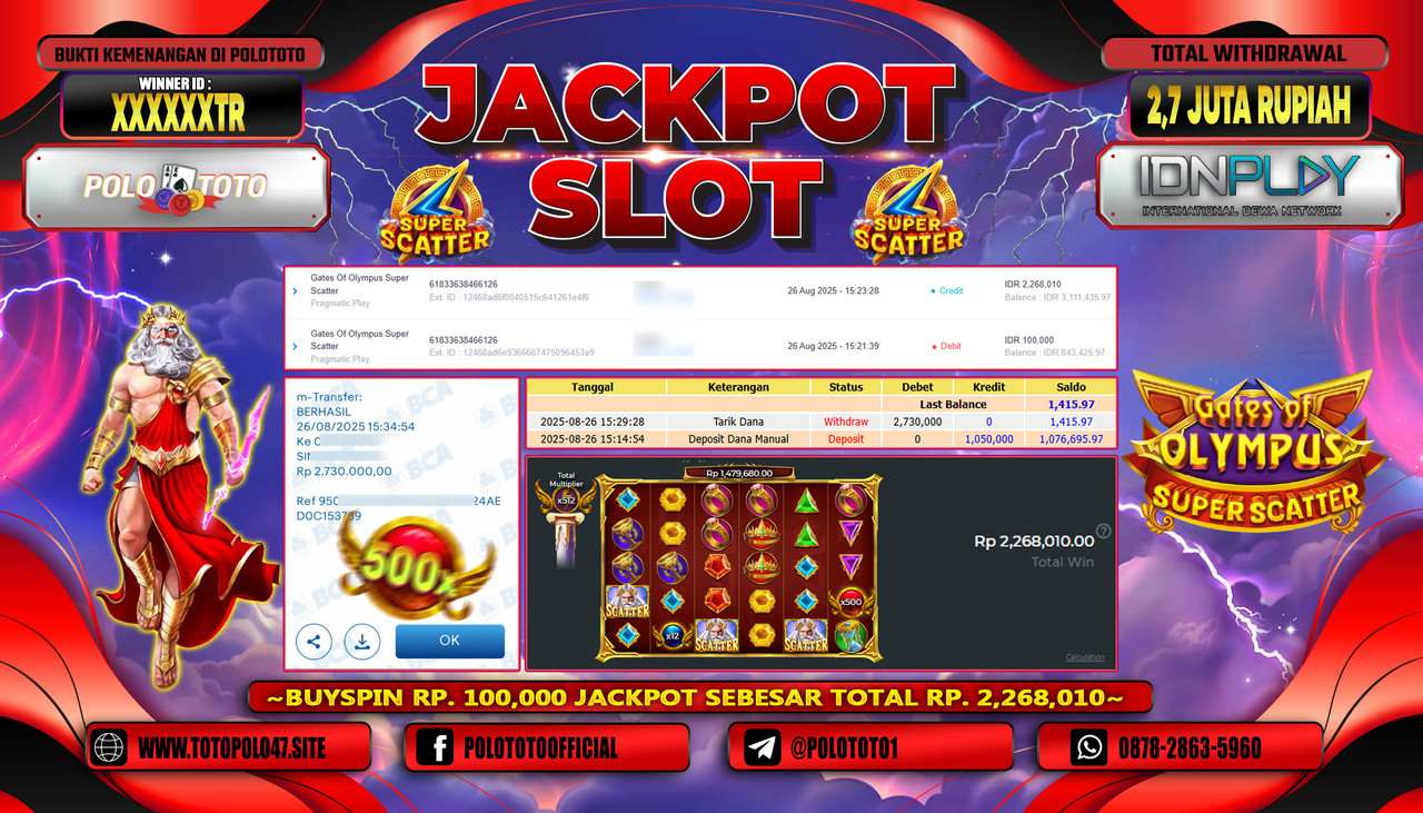 POLOTOTO JACKPOT SLOT GATES OF OLYMPUS SUPER SCATTER Rp.2.700.000,- LUNAS
