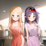 2girl, {{yuuki, sao}}, purple hair, red eyes, naked apron, {{abigail williams, f s-2038554266