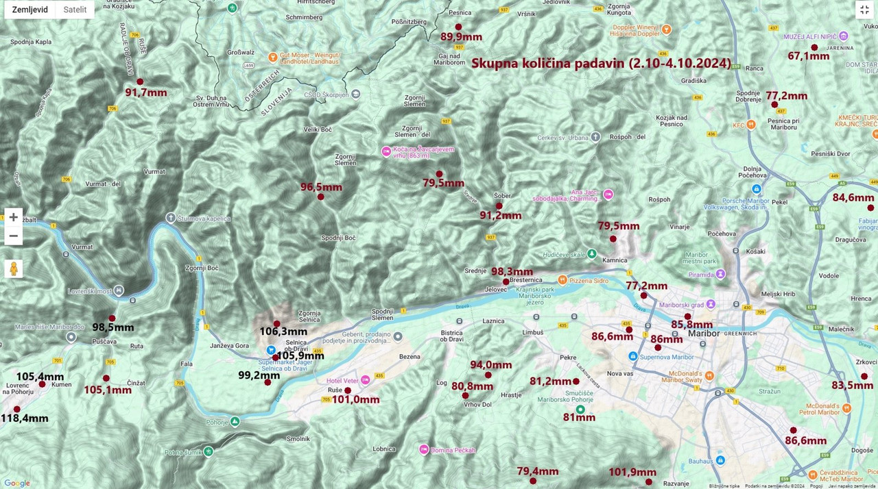 Skupna količina padavin 2.10-4.10.2024