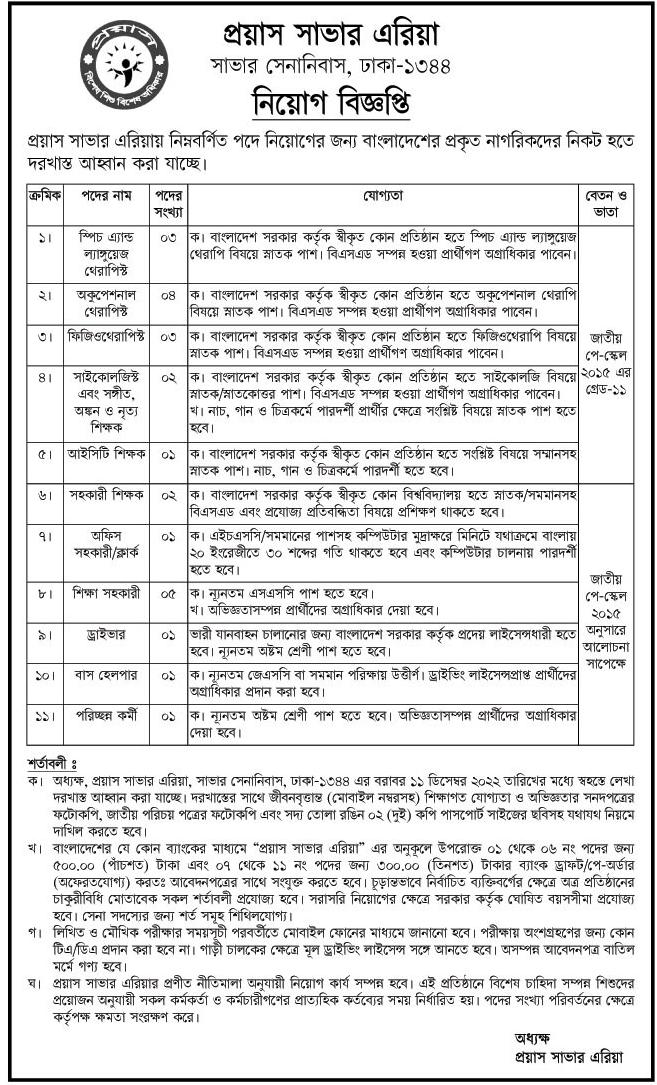 প্রয়াস সাভার এরিয়া নিয়োগ বিজ্ঞপ্তি ২০২২