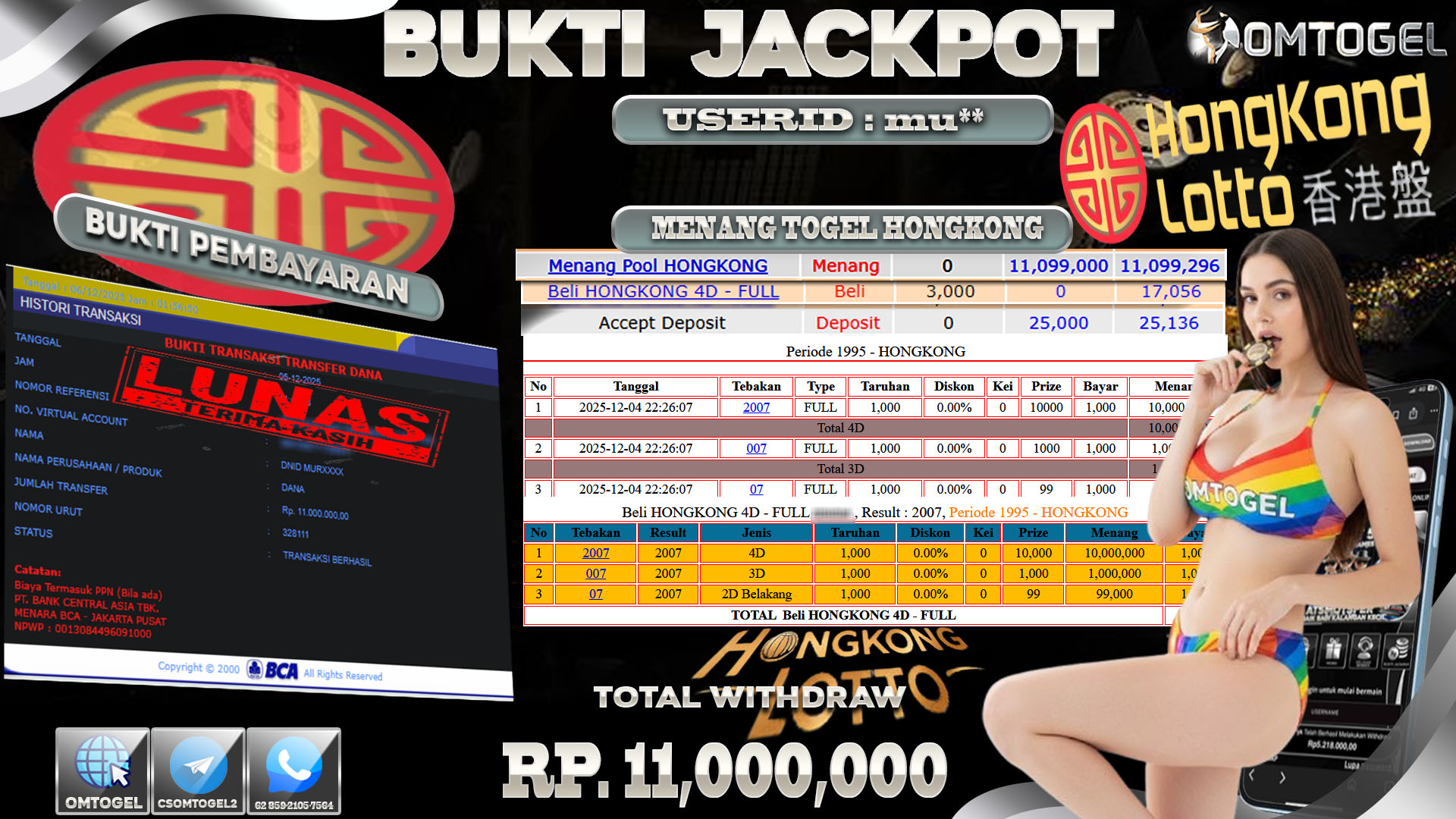 OMTOGEL JACKPOT TOGEL HONGKONG LOTTO WIN 4D ,3D & 2D  ,11 JUTA DI BAYAR LUNAS ,-