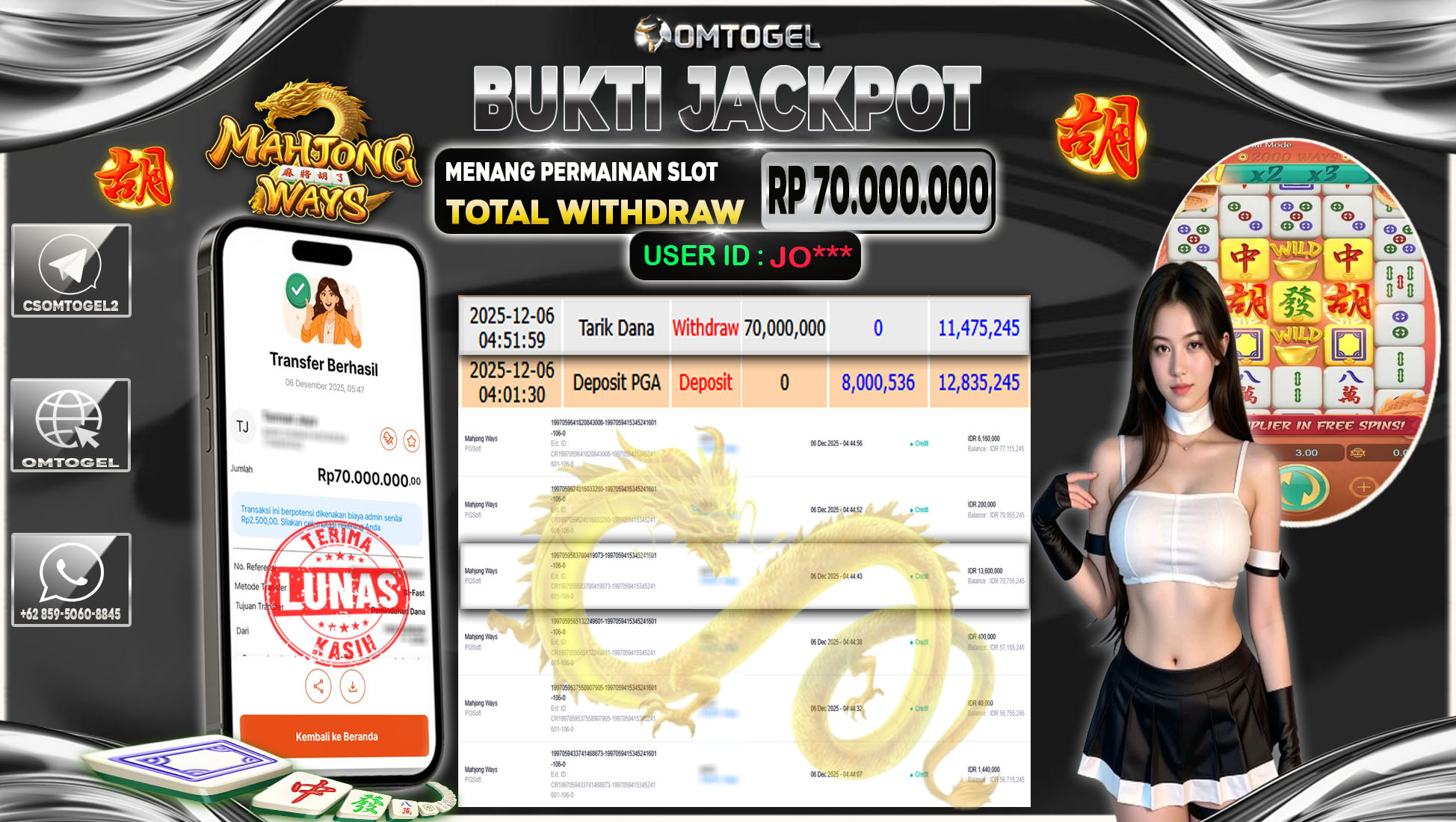 OMTOGEL JACKPOT PGSOFT MAHJONG WAYS  ,70 JUTA DI BAYAR LUNAS ,-