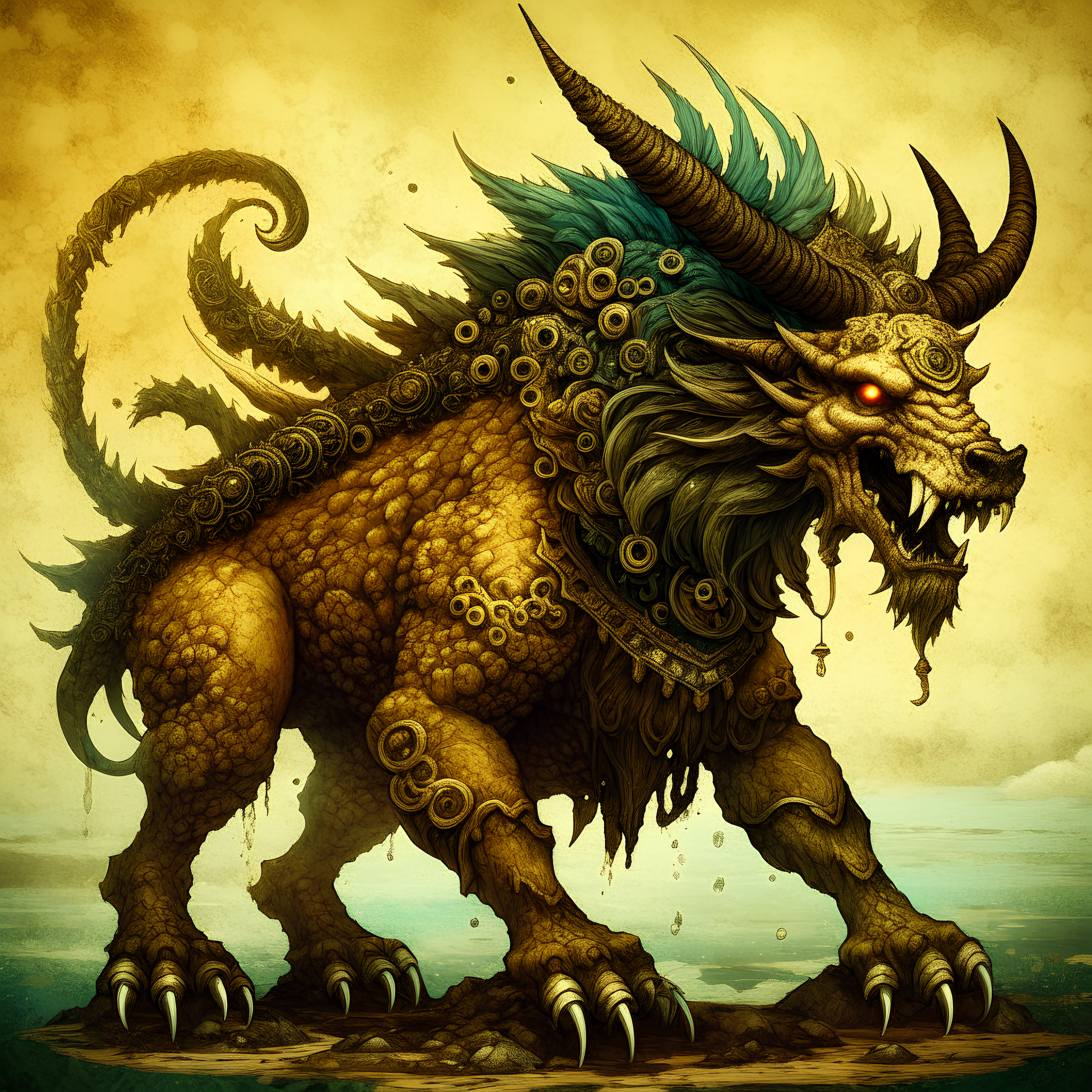 A formidable beast rises from the sea. It possesses seven heads, ten horns, and upon its horns are ten crowns. Each head is marked with a blasphemous name. This creature’s appearance melds the features of a leopard, bear, and lion. From the shadows, a dragon bestows upon the beast its power, throne, and immense authority.