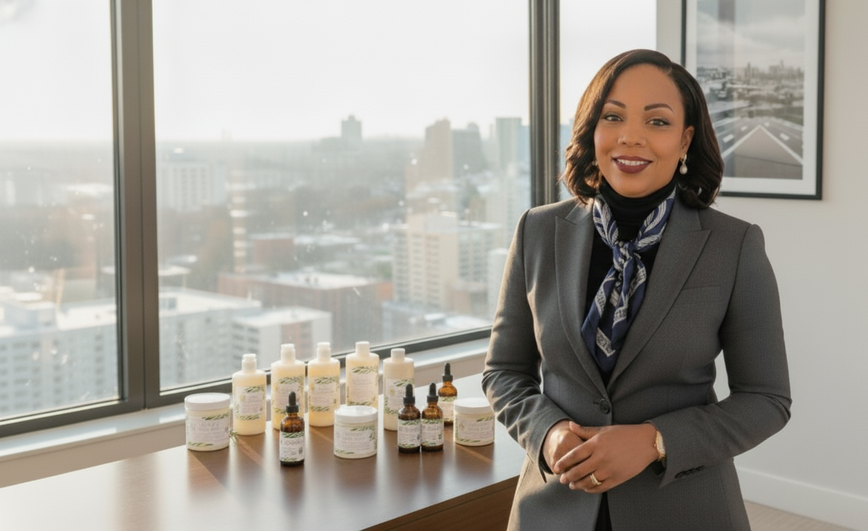 Woman standing confidently in a modern office, surrounded by her products