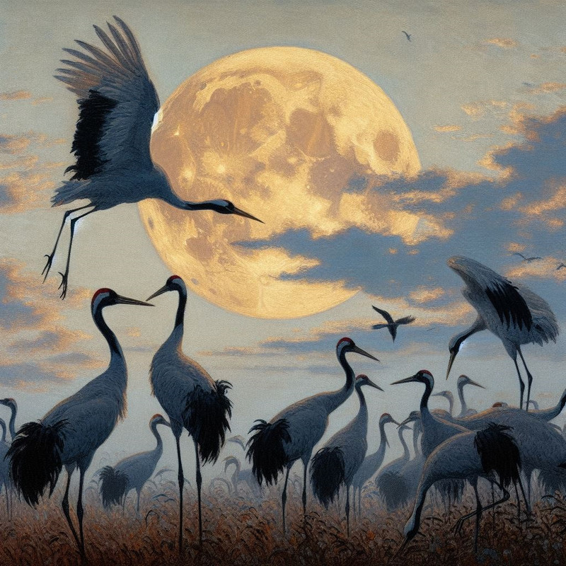 cranes before a gibbous moon in the style of Claude Monet