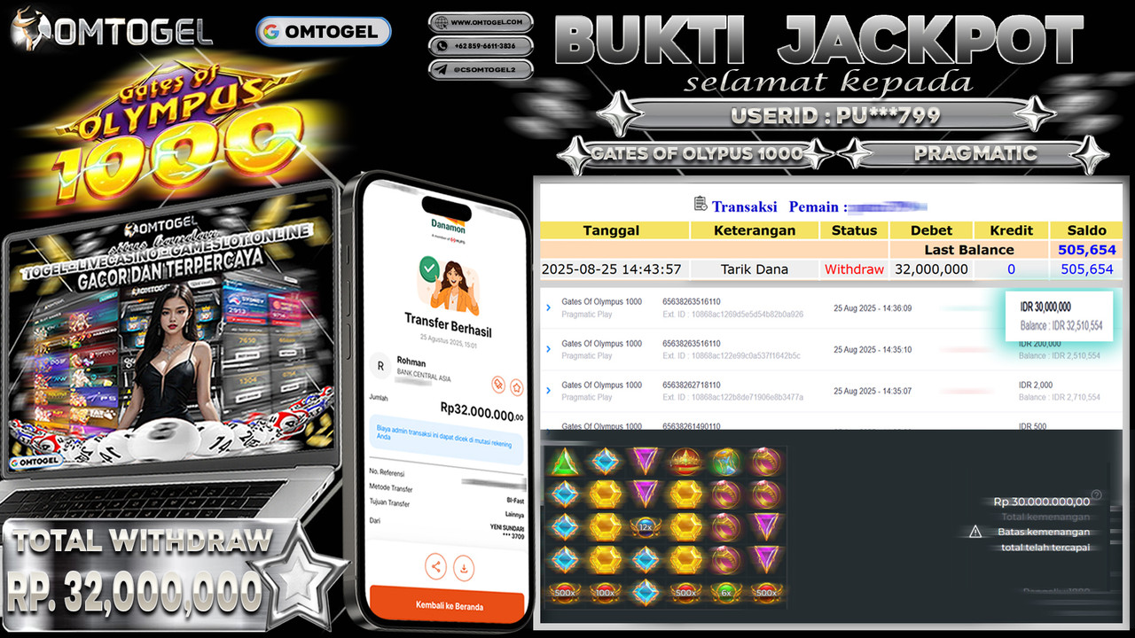 OMTOGEL JACKPOT PRAGMATIC PLAY GATES OF OLYMPUS 1000 32 JUTA DI BAYAR LUNAS ,-