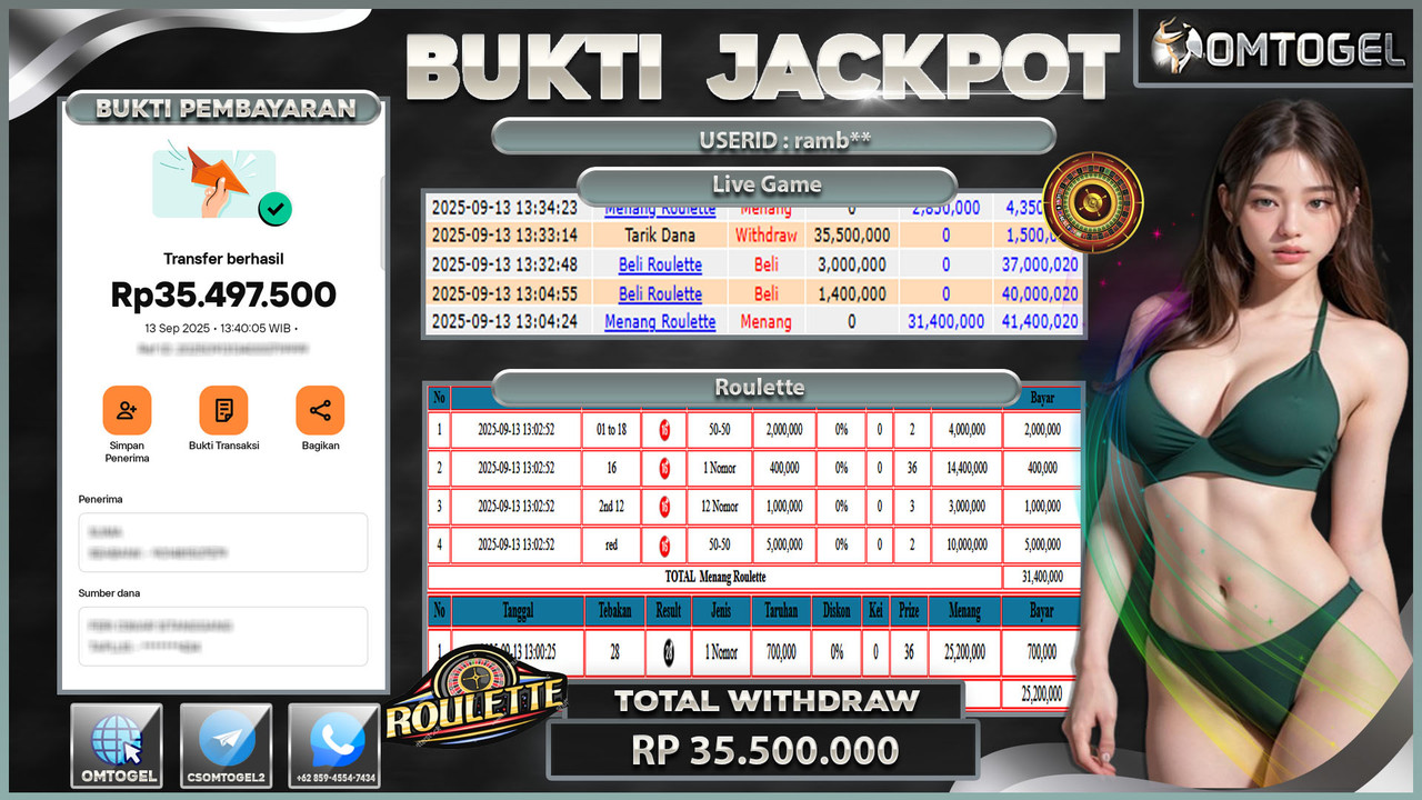 OMTOGEL JACKPOT LIVE GAMES ROULETTE 35 JUTA DI BAYAR LUNAS ,-