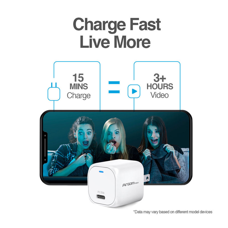 Cargador Nano de 20W de Argom, mostrando su tamaño ultracompacto.