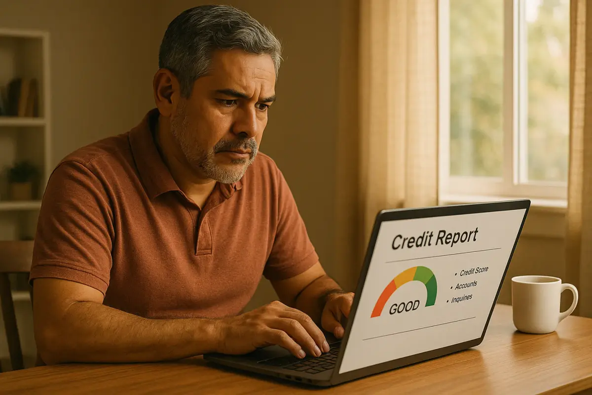 Revisión gratuita del buró de crédito en LATAM – guía 2025 Hombre latino revisando su reporte de crédito en línea desde casa en 2025