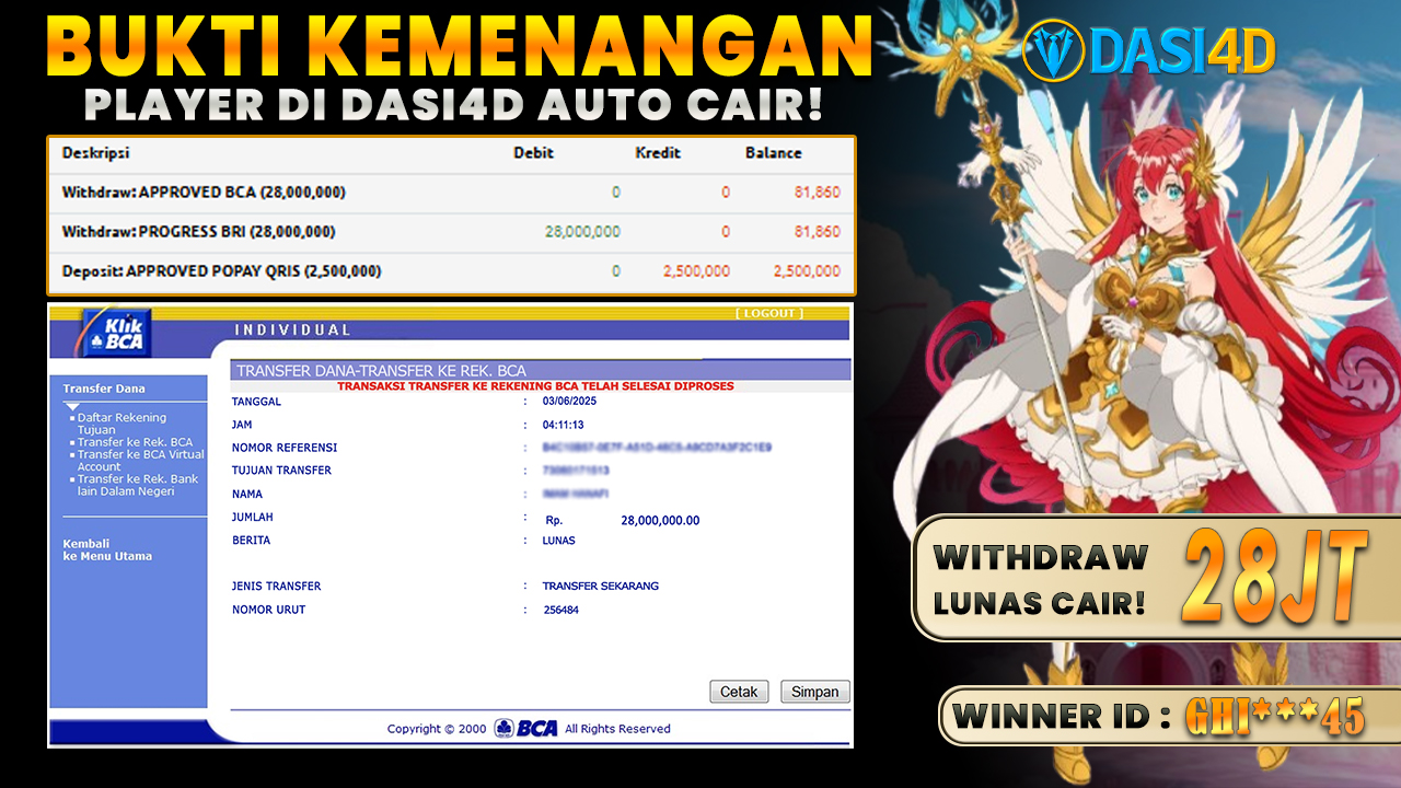 BUKTI KEMENANGAN 03 JUNI 2025 DI STARLIGHT PRINCESS 1000 WD 28 JUTA