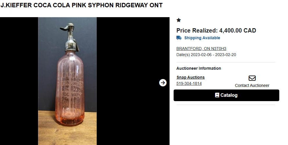 J.KIEFFER COCA COLA PINK SYPHON RIDGEWAY ONT