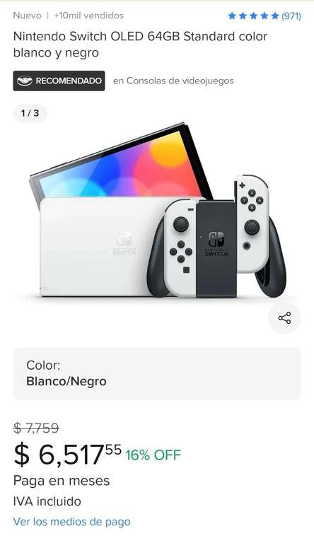 Mercado Libre: Nintendo Switch OLED 64gb Blanco pagando con Banorte 
