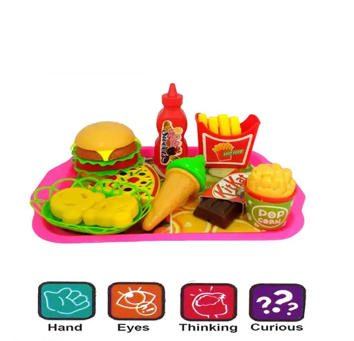 Play Fast Food 18 pcs Set Pretend Play Barger Fries and ice Cream with Trey Food Toy | Best Gifts Food playset for Boys Girls Kids- Multi Color (T107)