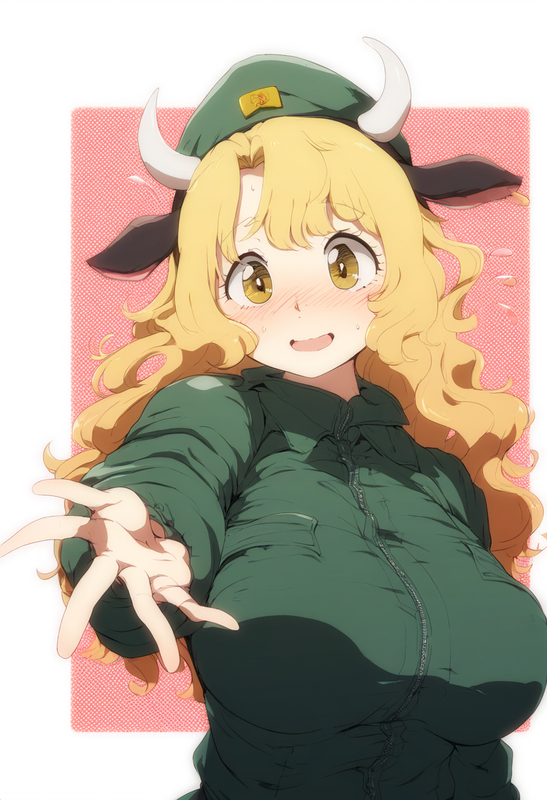 1girl, 1970s (style), polka dot background, portrait, cow ears, cow horns, yello s-1942016288