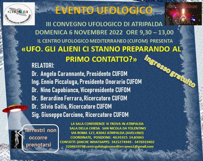 Convegno UFO a Atripalda con i Big dell’Ufologia italiana