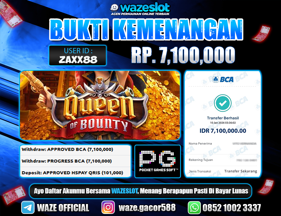 BUKTI KEMENANGAN 10 JANUARI 2026 GAME QUEEN OF BOUNTY (PG SOFT)
