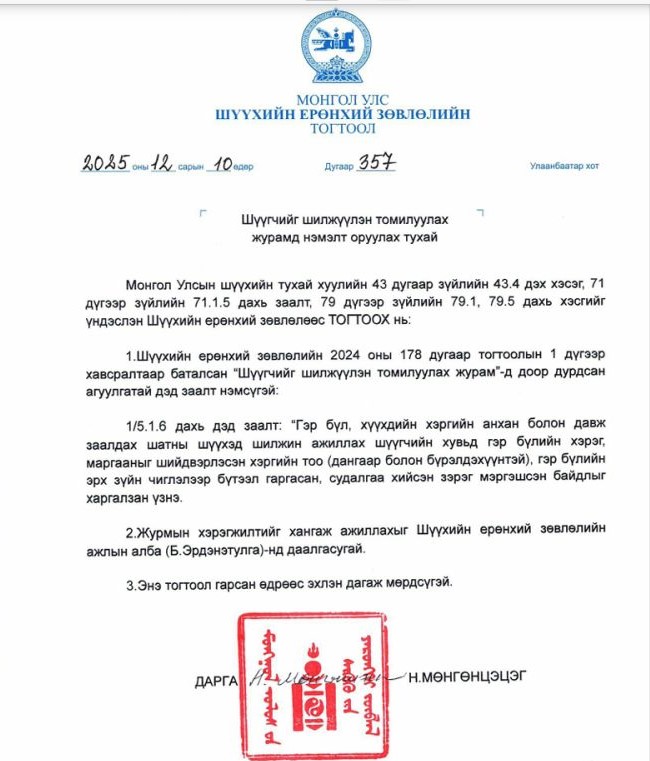 Шүүгчийг шилжүүлэн томилуулах журамд нэмэлт оруулав