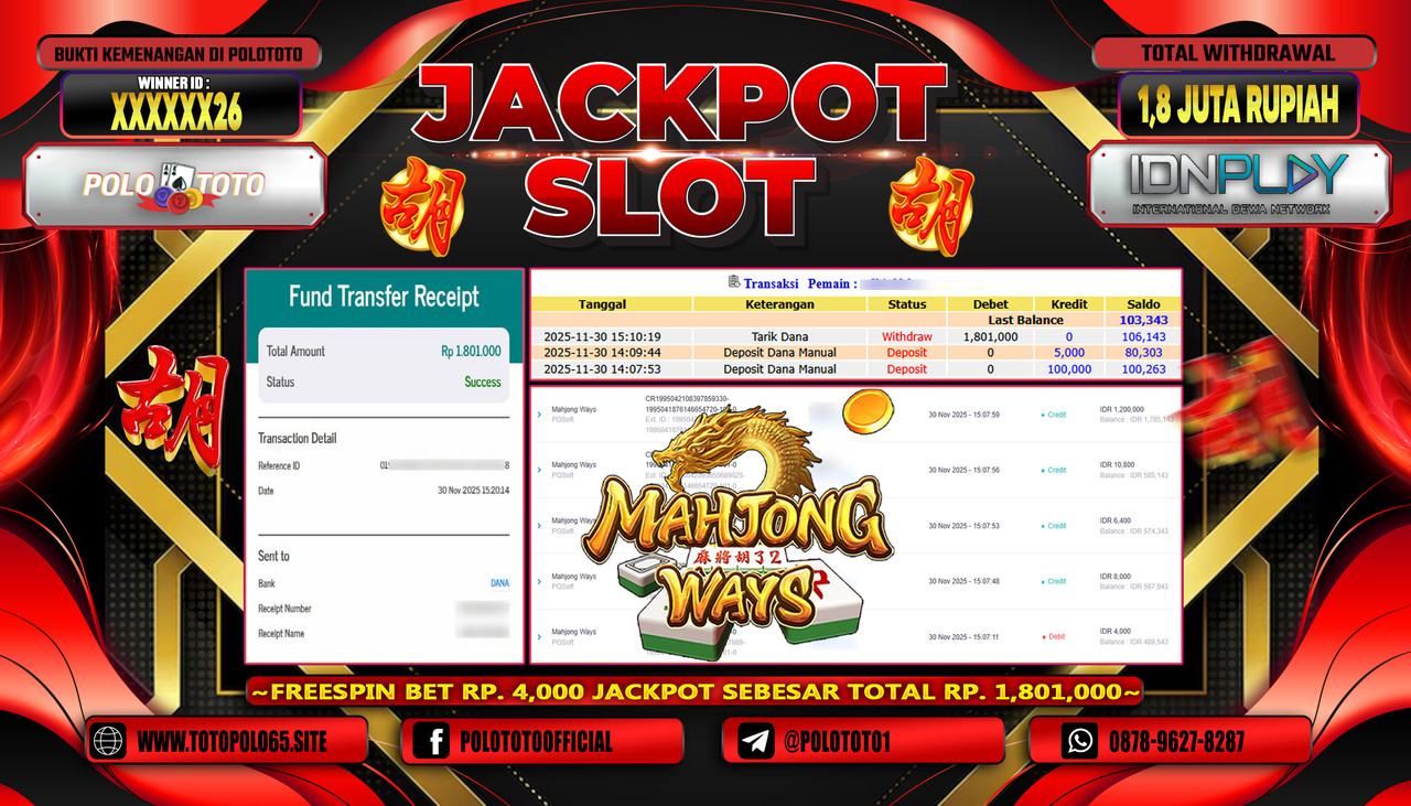POLOTOTO JACKPOT SLOT MAHJONG WAYS Rp.1.800.000,- LUNAS