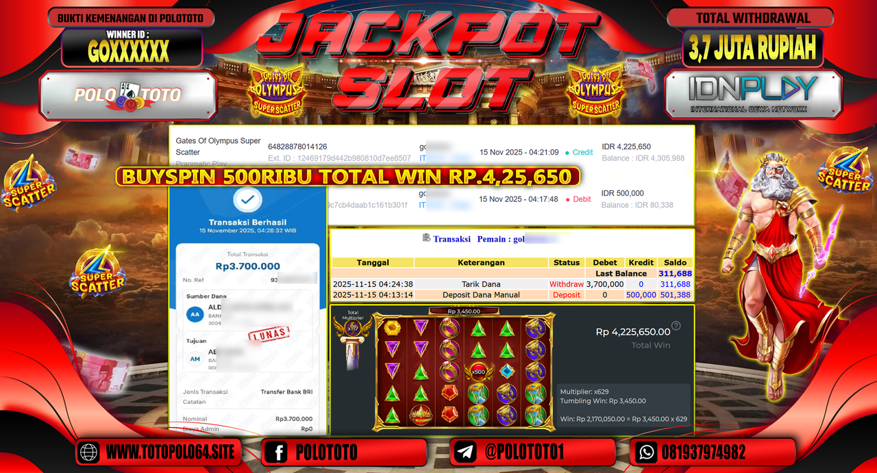 POLOTOTO JACKPOT SLOT GATES OF OLYMPUS SUPER SCATTER Rp.3.700.000,- LUNAS