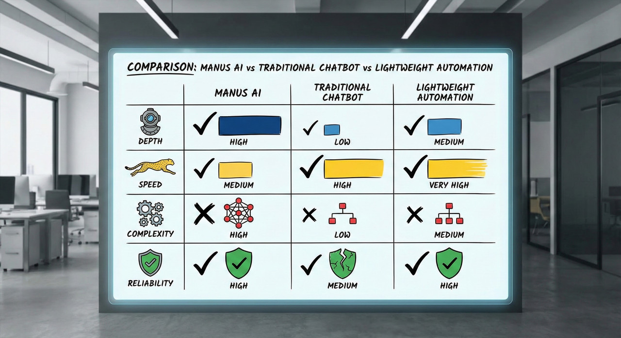 Comparison chart showing Manus AI vs Traditional Chatbots vs Lightweight Automation
