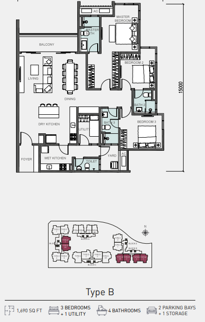 The Serenade Type B floor plan in Putra Height, Subang Jaya, Selangor