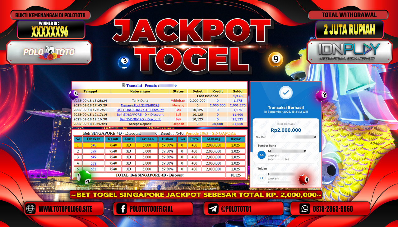 POLOTOTO JACKPOT TOGEL POOL SINGAPORE Rp.2.000.000,- LUNAS