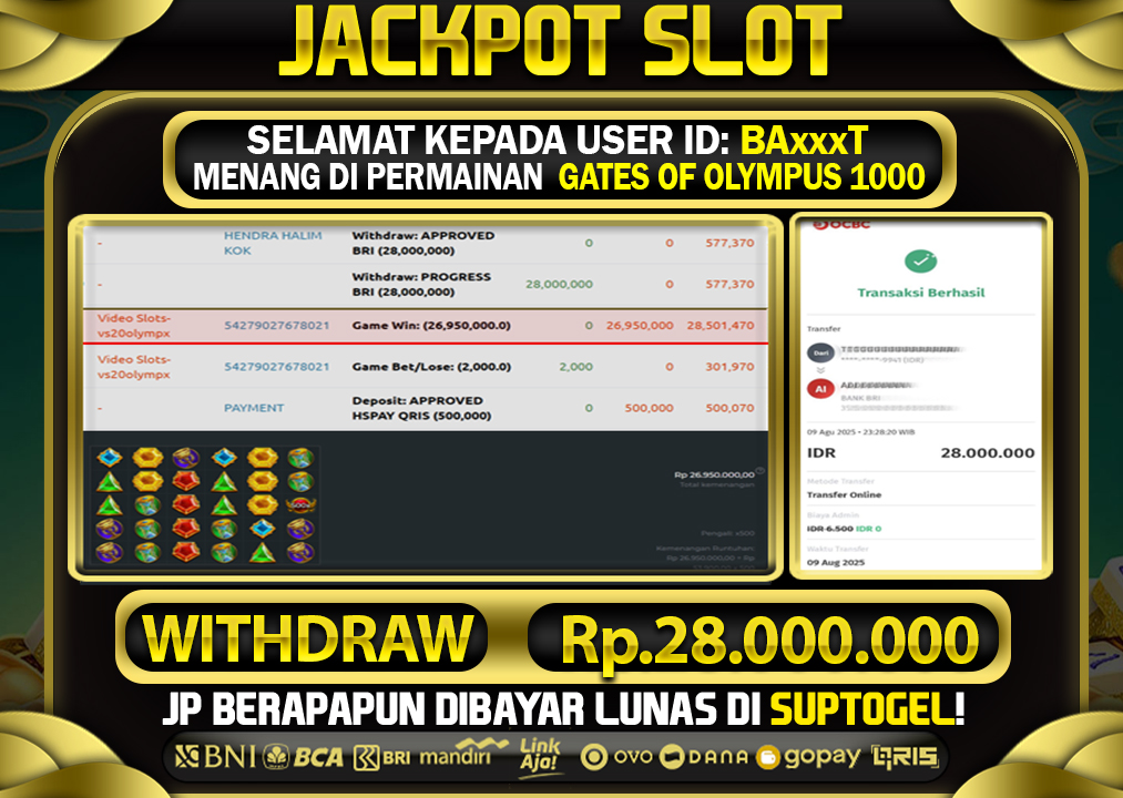  BUKTI KEMENANGAN 9 AGUSTUS 2025 MENANG DI PERMAINAN GATES OF OLYMPUS 1000  TOTAL WD 28 JUTA