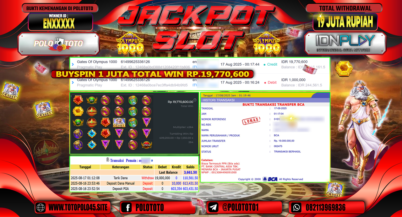 POLOTOTO JACKPOT SLOT GATES OF OLYMPUS 1000 Rp.19.000.000,-