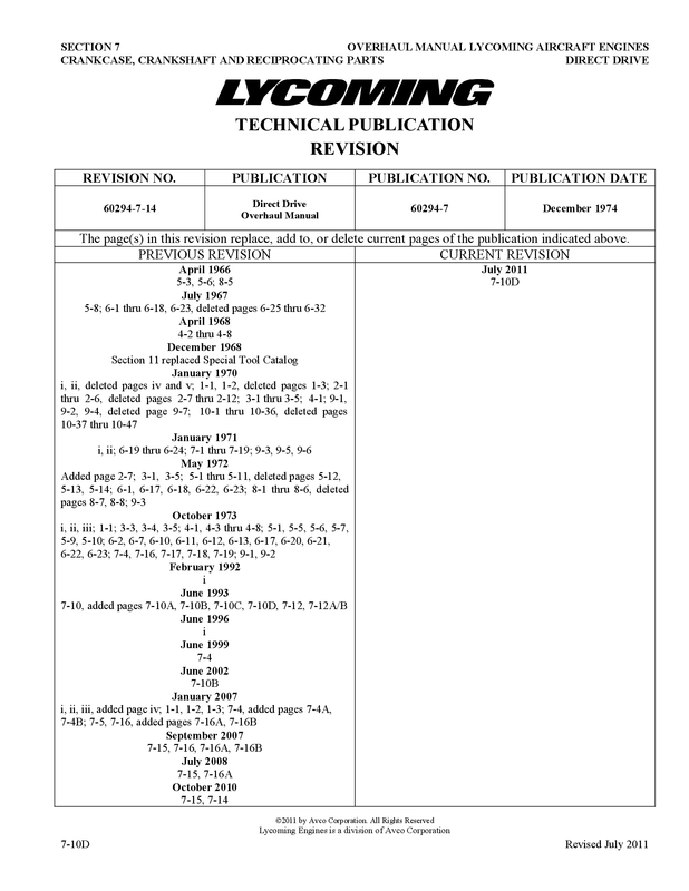 Technical Publication Revision Page from 60294-7-14  Direct Drive Engine Overhaul Manual circa 2011 