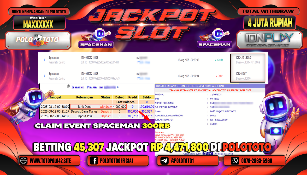 POLOTOTO JACKPOT SLOT SPACEMAN Rp.4.000.000,-LUNAS